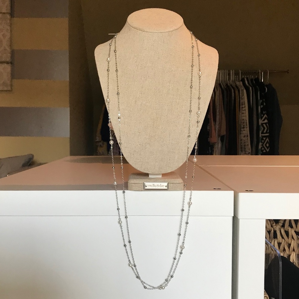 Long Layered Silver Bead and Pearl Necklace